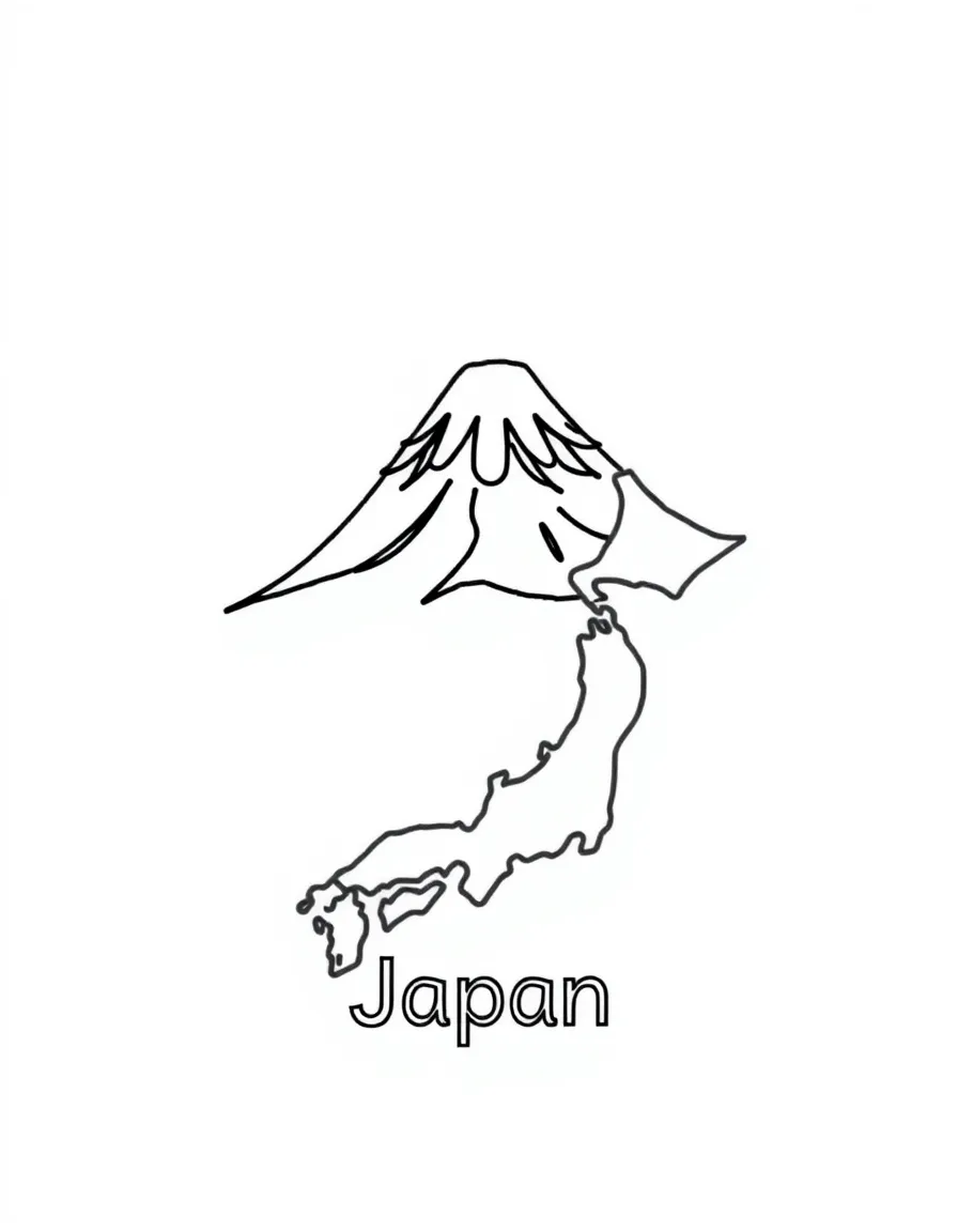 A cute Mount Fuji, a simple outline map of Japan, and the word "Japan"