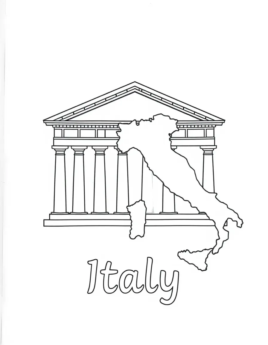 A happy Pantheon, a simple outline map of Italy, and the word "Italy"