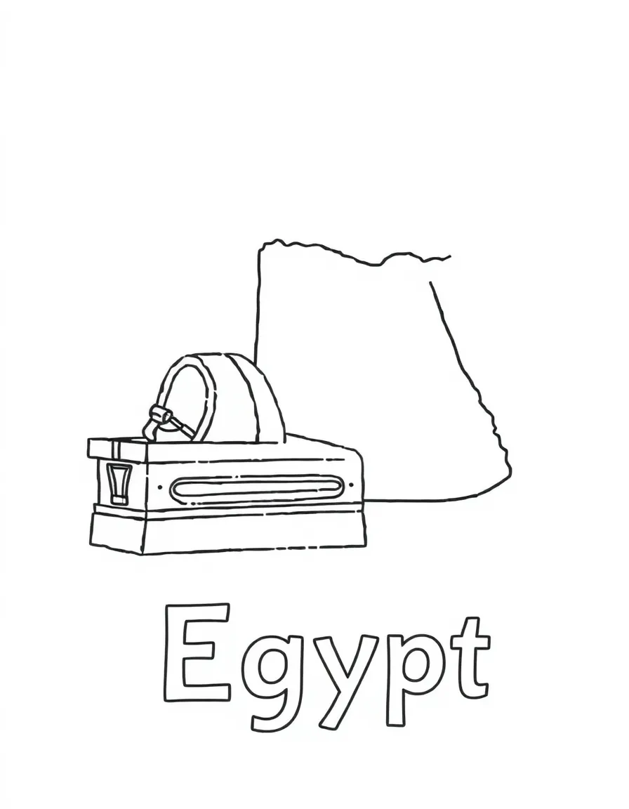 A small sarcophagus, a simple outline map of Egypt, and the word "Egypt"