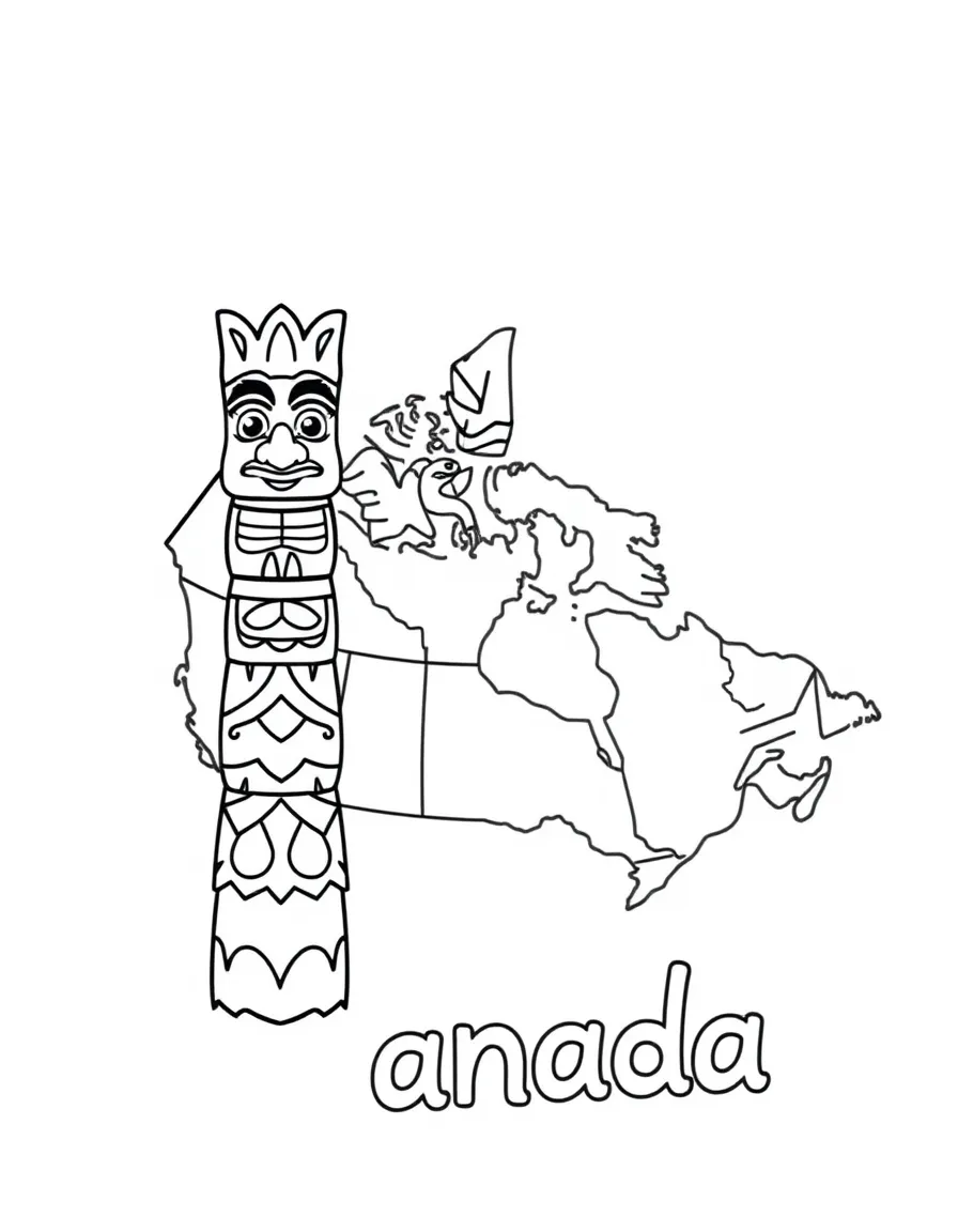 A cute totem pole, a simple outline map of Canada, and the word "Canada"