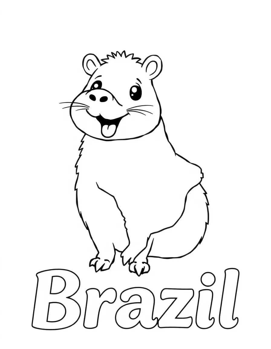 A happy capybara, a simple outline map of Brazil, and the word "Brazil"