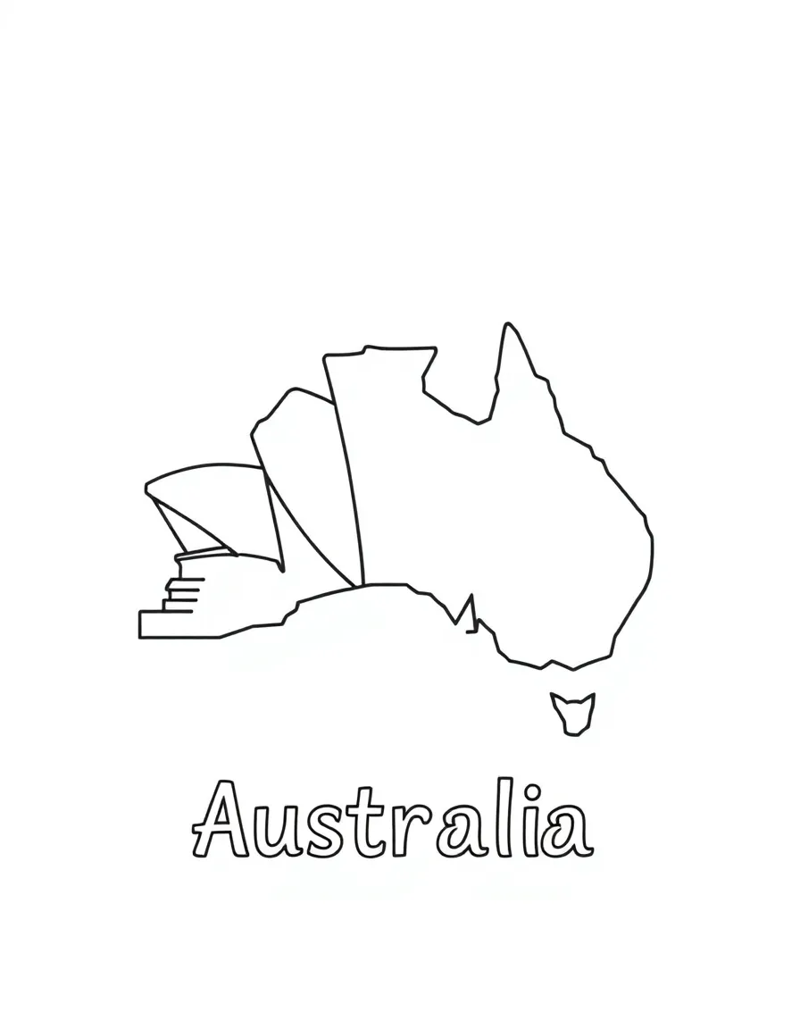 A small Sydney Opera House, a simple outline map of Australia, and the word "Australia"