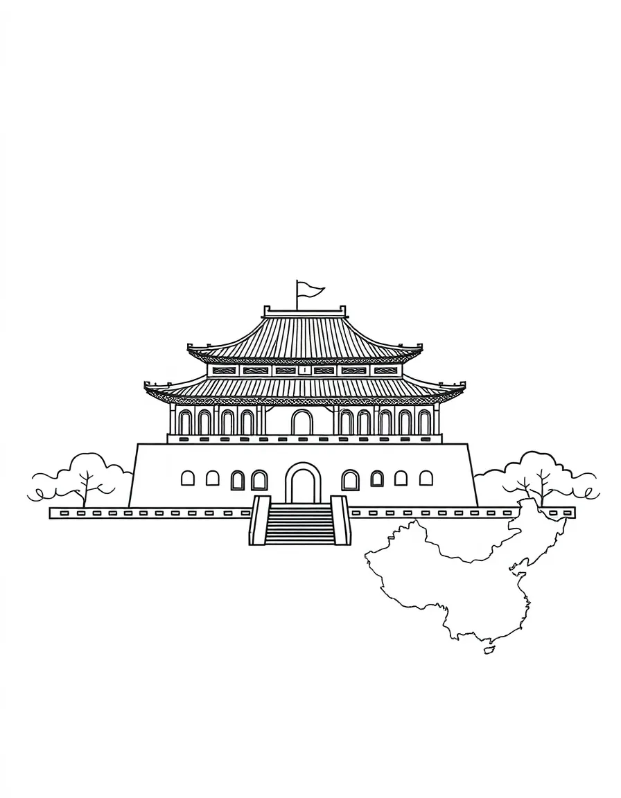 A friendly Forbidden City, a simple outline map of China, and the word "China"