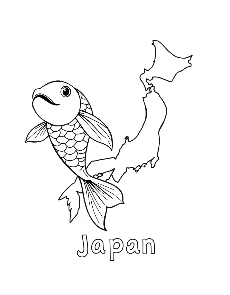 A happy koi fish, a simple outline map of Japan, and the word "Japan"
