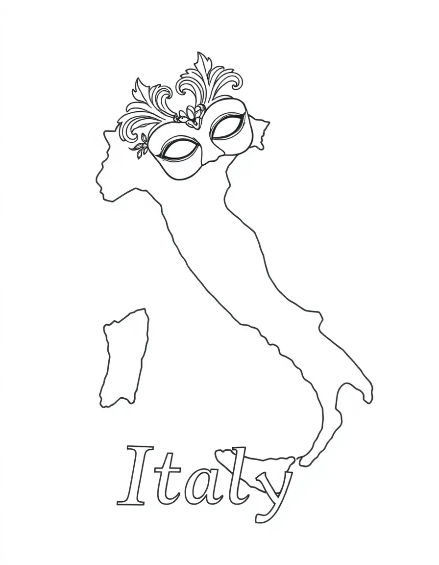 A small Venetian mask, a simple outline map of Italy, and the word "Italy"