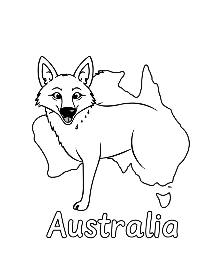 A friendly dingo, a simple outline map of Australia, and the word "Australia"
