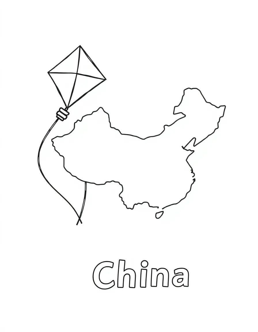 A cute kite, a simple outline map of China, and the word "China"
