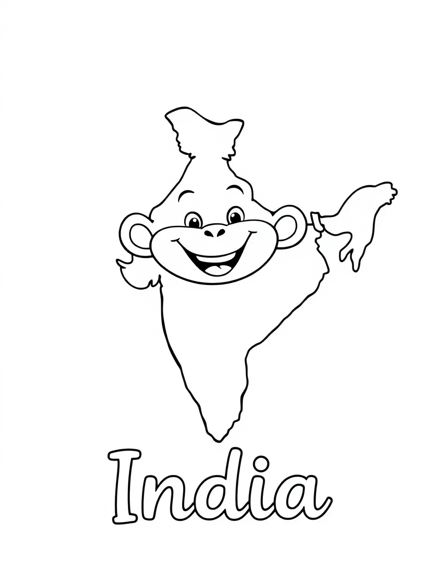 A happy monkey, a simple outline map of India, and the word "India"