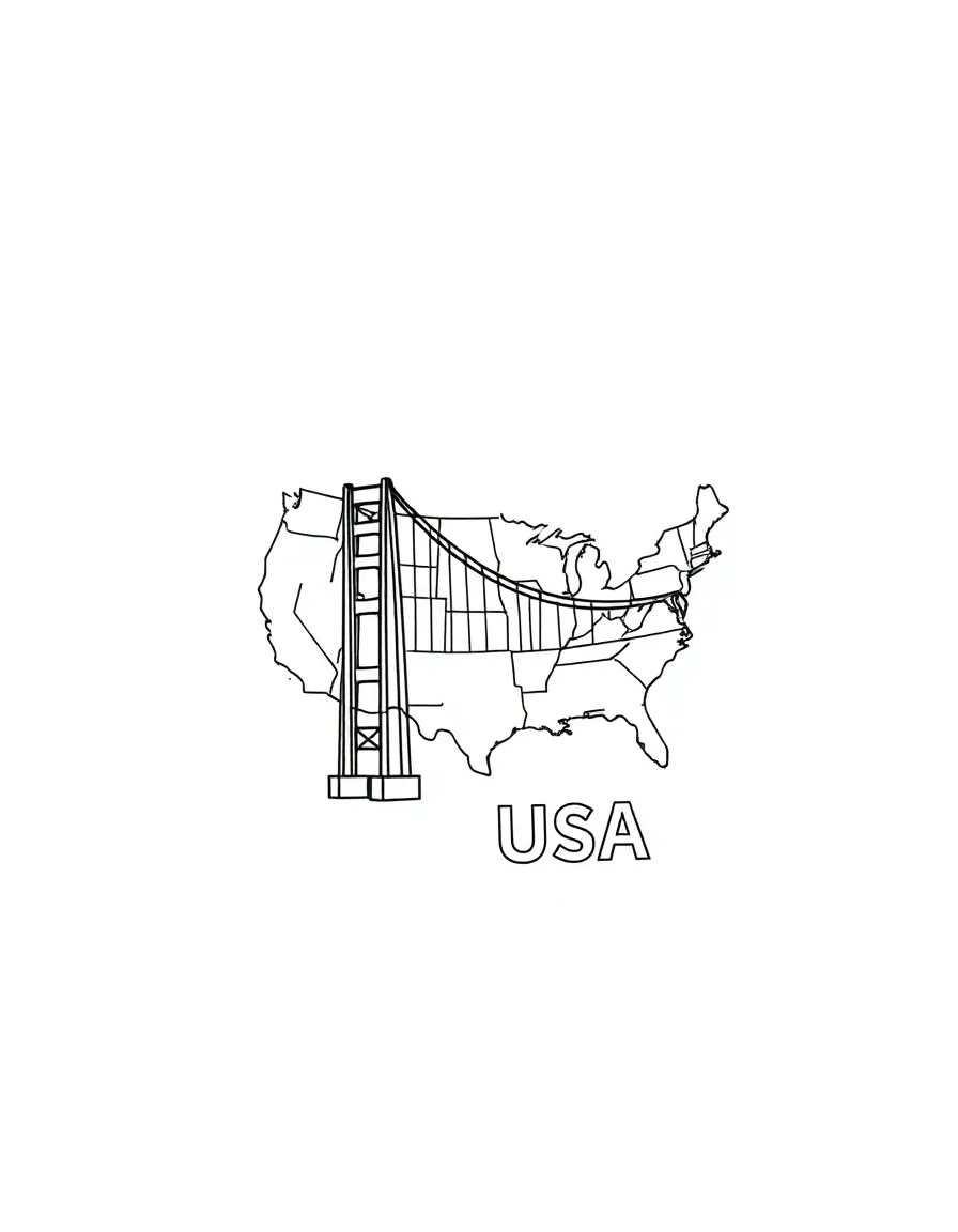 A small golden gate bridge, a simple outline map of USA, and the word "USA"