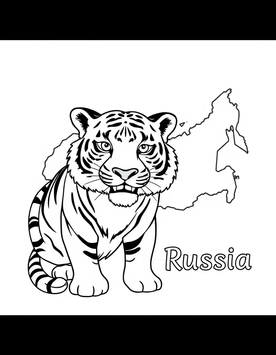 A friendly Siberian tiger, a simple outline map of Russia, and the word "Russia"