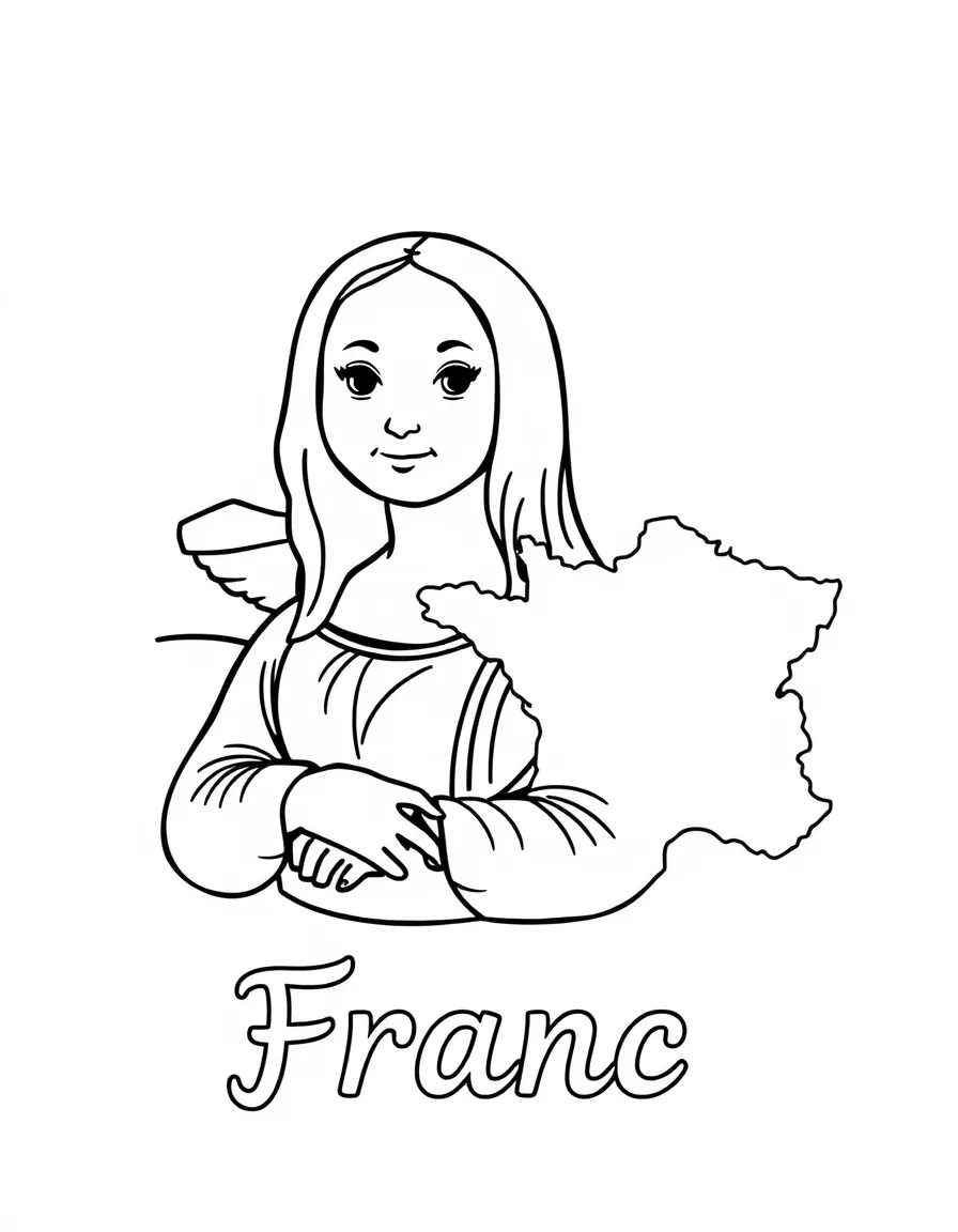 A cute Mona Lisa, a simple outline map of France, and the word "France"