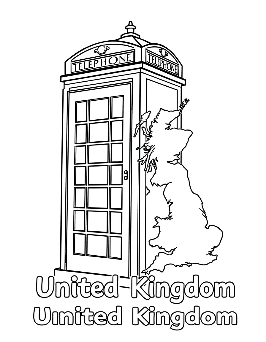 A happy telephone booth, a simple outline map of United Kingdom, and the word "United Kingdom"