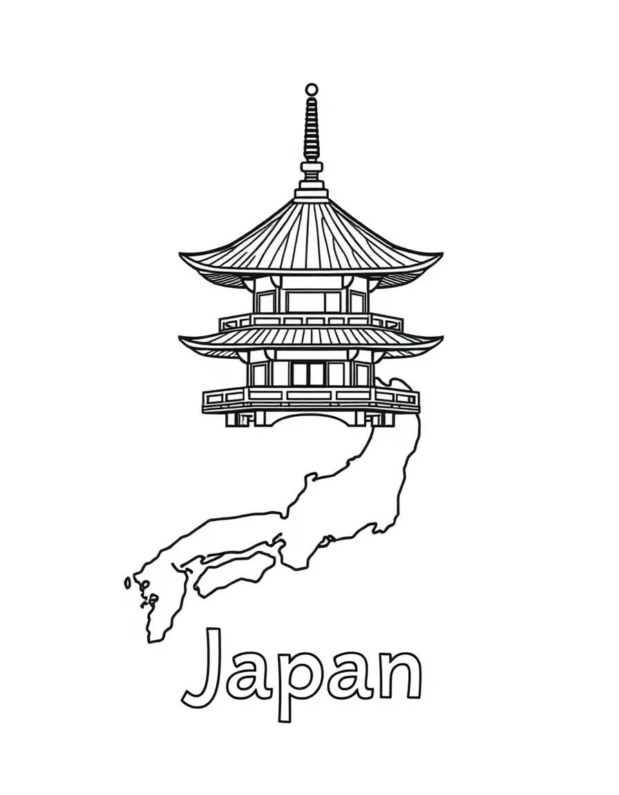 A small pagoda, a simple outline map of Japan, and the word "Japan"