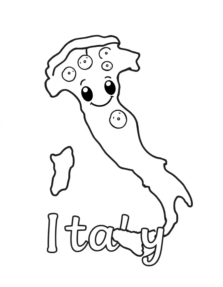 A friendly pizza, a simple outline map of Italy, and the word "Italy"