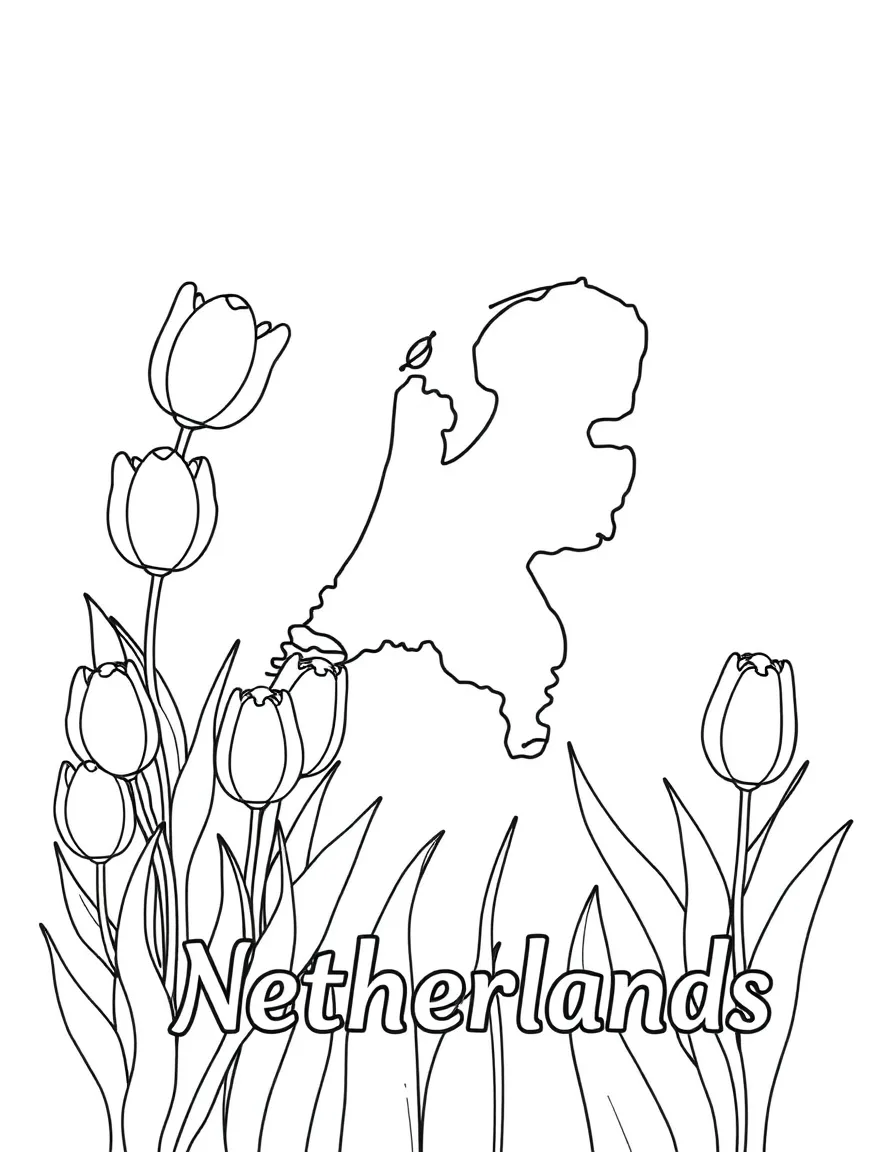 A happy tulip garden, a simple outline map of Netherlands, and the word "Netherlands"