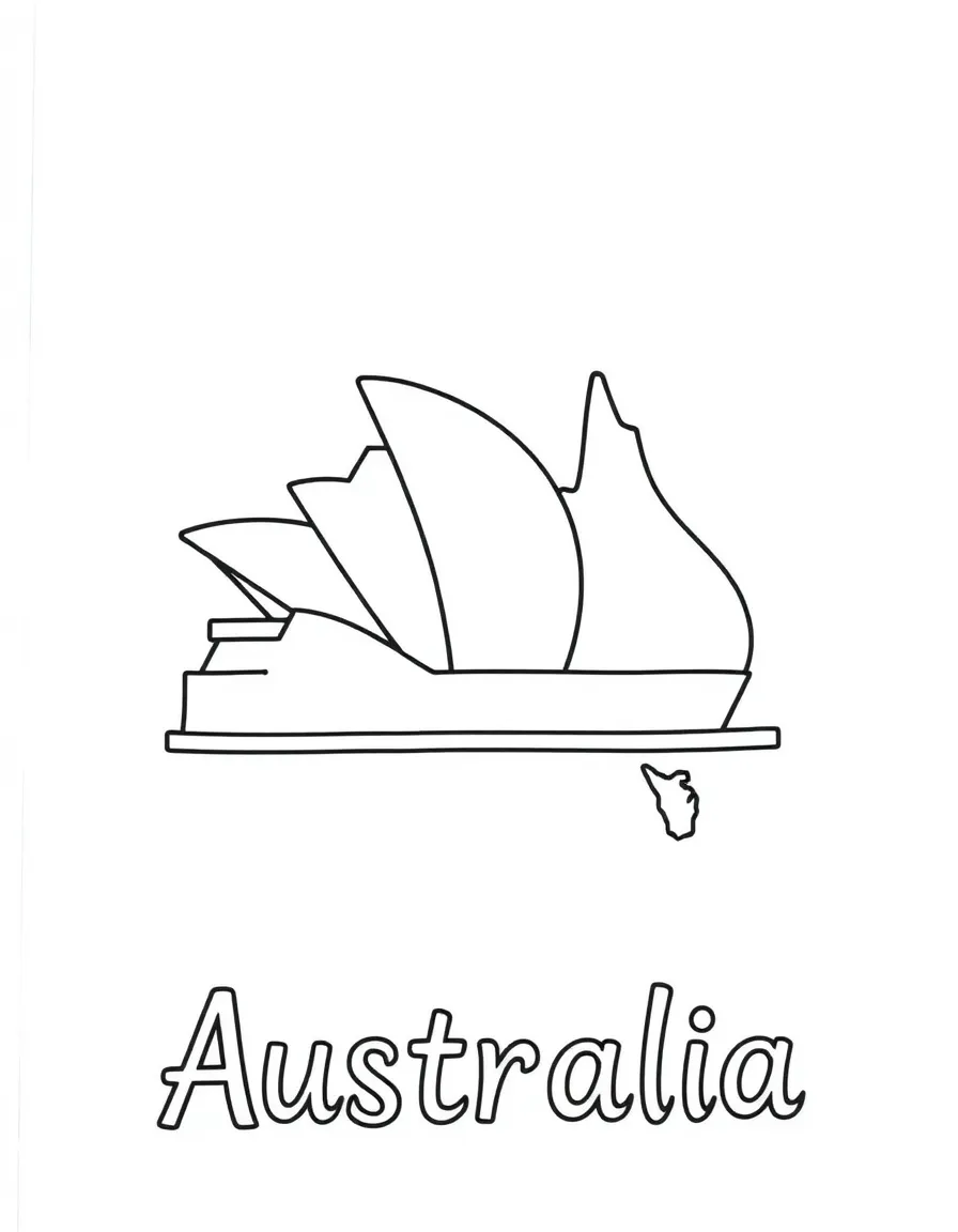 A cute opera house, a simple outline map of Australia, and the word "Australia"