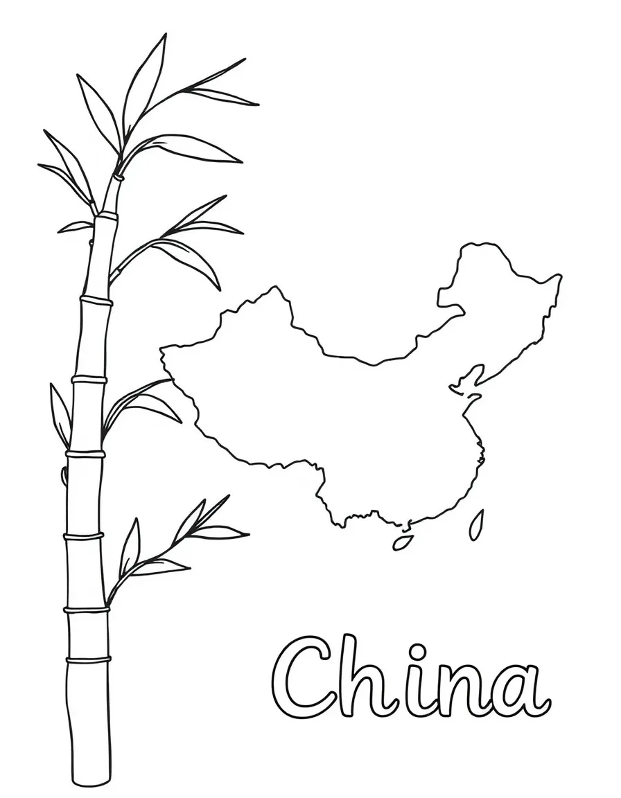 A happy bamboo, a simple outline map of China, and the word "China"