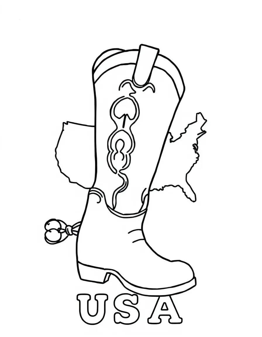 A friendly cowboy boot, a simple outline map of USA, and the word "USA"