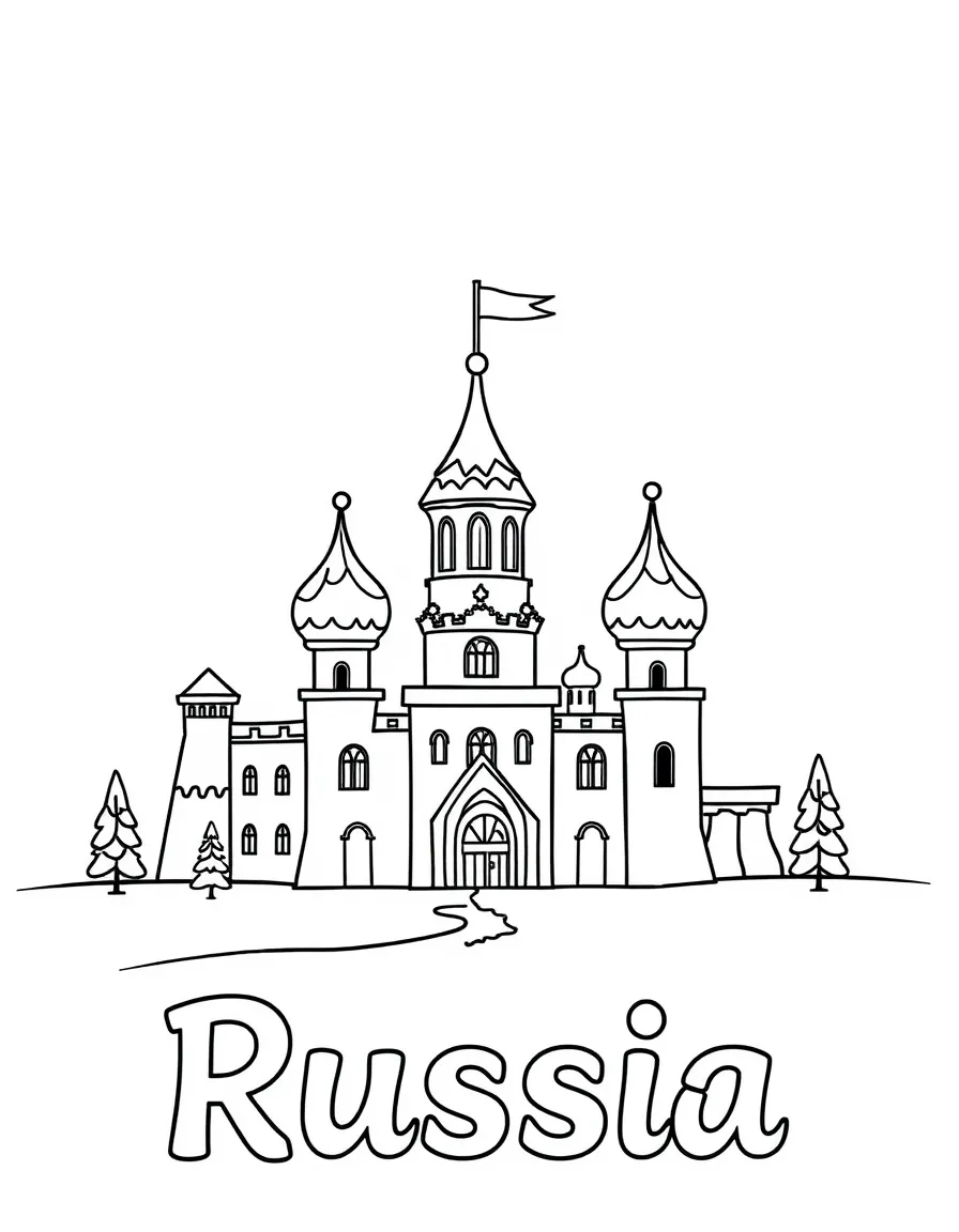A cute ice palace, a simple outline map of Russia, and the word "Russia"