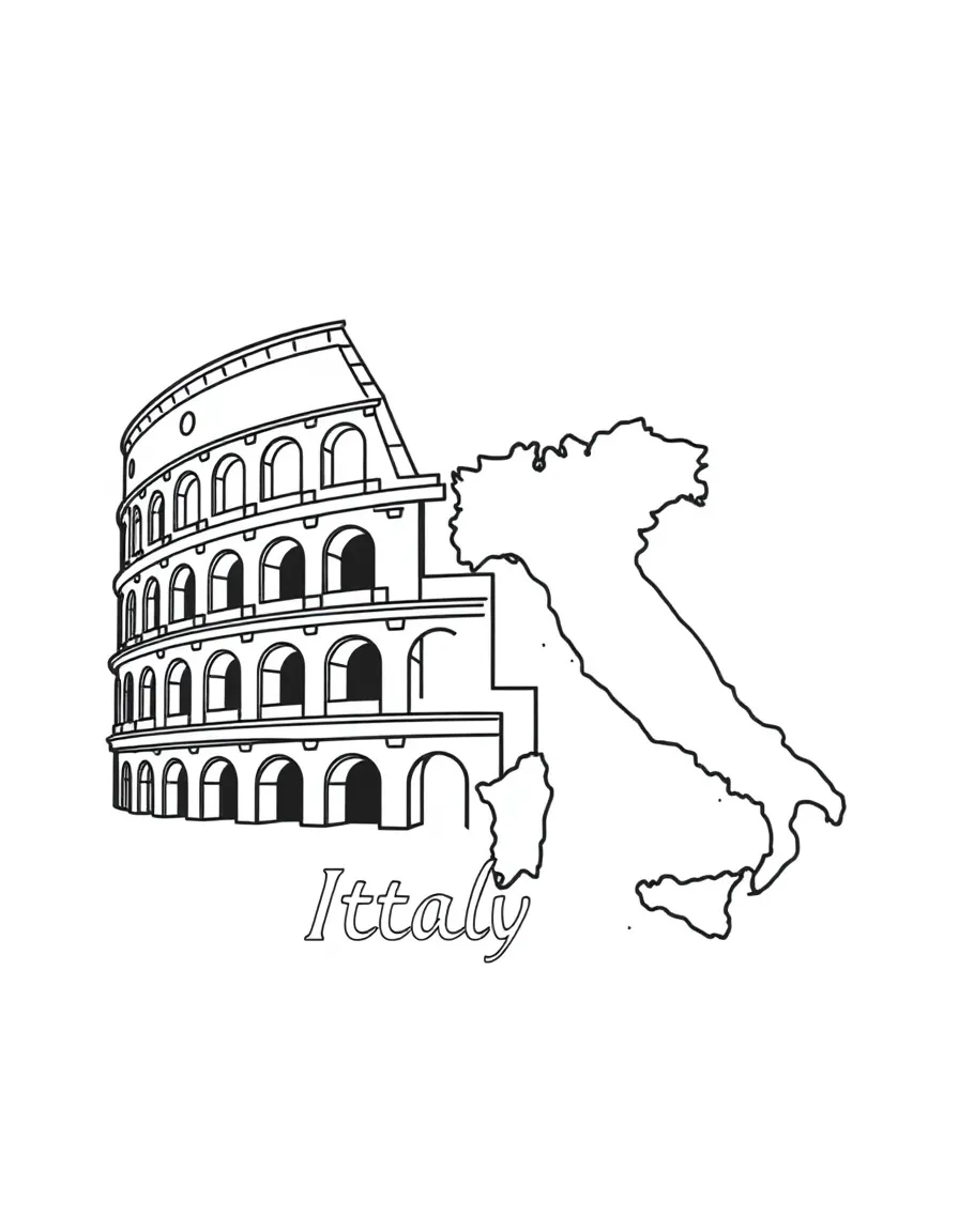 A cute Coliseum, a simple outline map of Italy, and the word "Italy"
