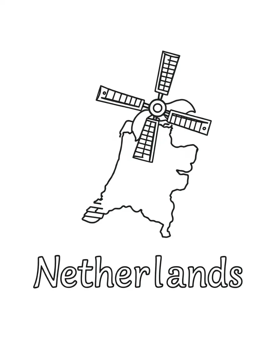 A small windmill blade, a simple outline map of Netherlands, and the word "Netherlands"