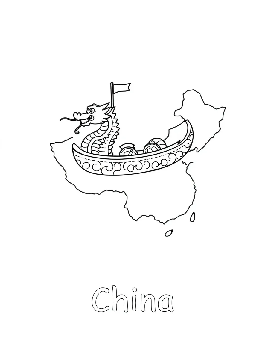 A small dragon boat, a simple outline map of China, and the word "China"