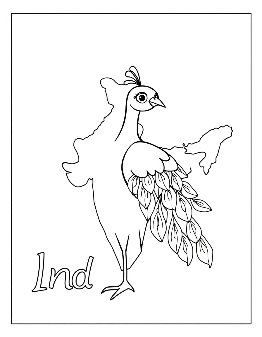 A friendly peacock, a simple outline map of India, and the word "India"