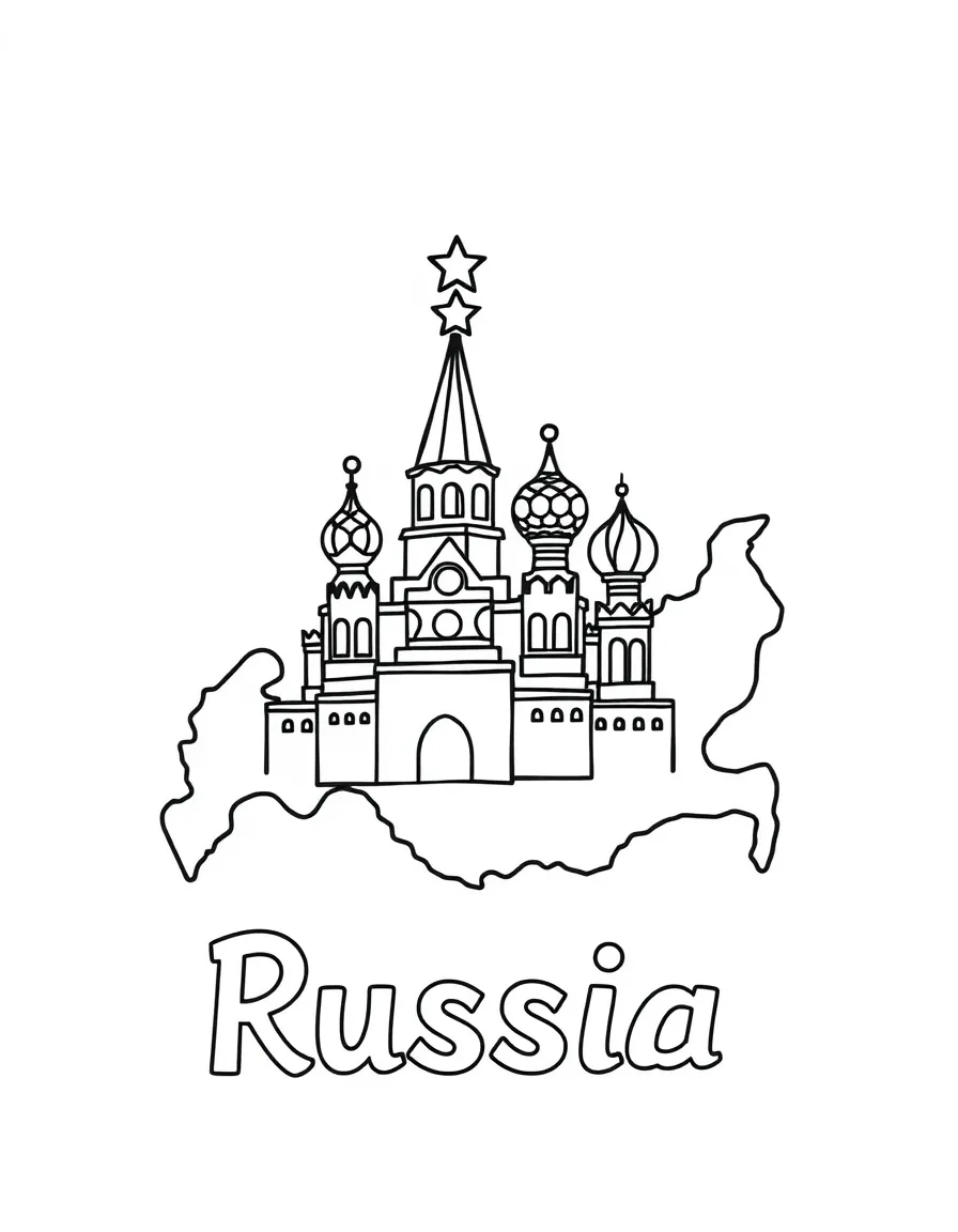 A happy Kremlin star, a simple outline map of Russia, and the word "Russia"