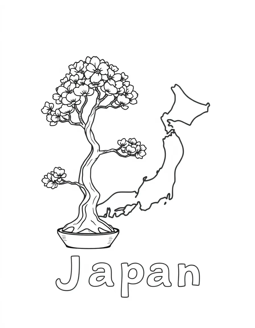 A cute bonsai tree, a simple outline map of Japan, and the word "Japan"