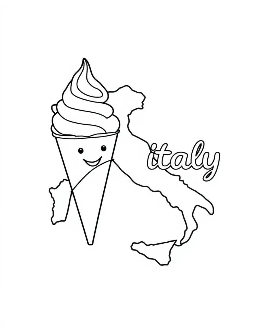 A happy gelato, a simple outline map of Italy, and the word "Italy"