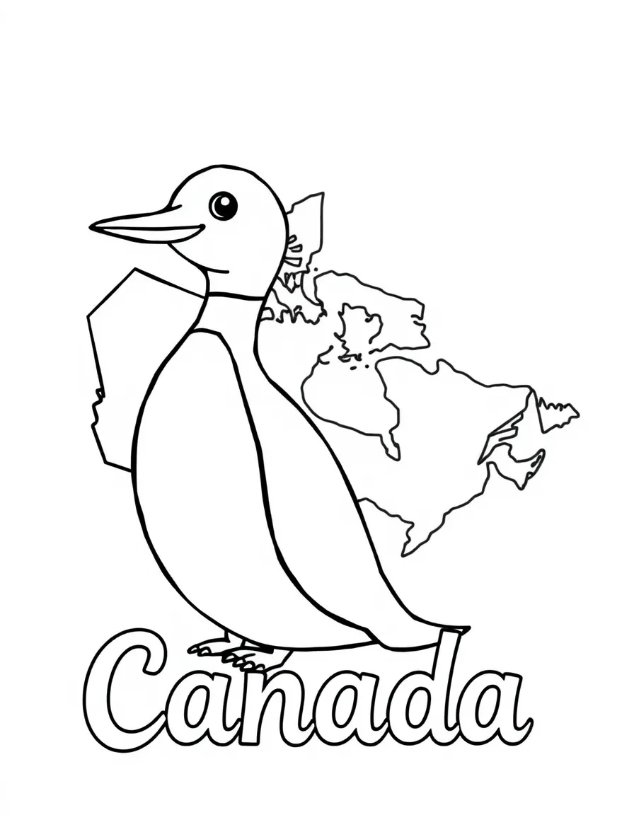 A cute loon, a simple outline map of Canada, and the word "Canada"