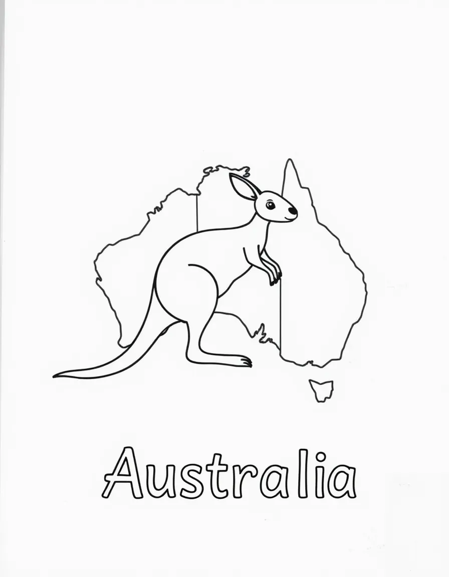 A small kangaroo, a simple outline map of Australia, and the word "Australia"