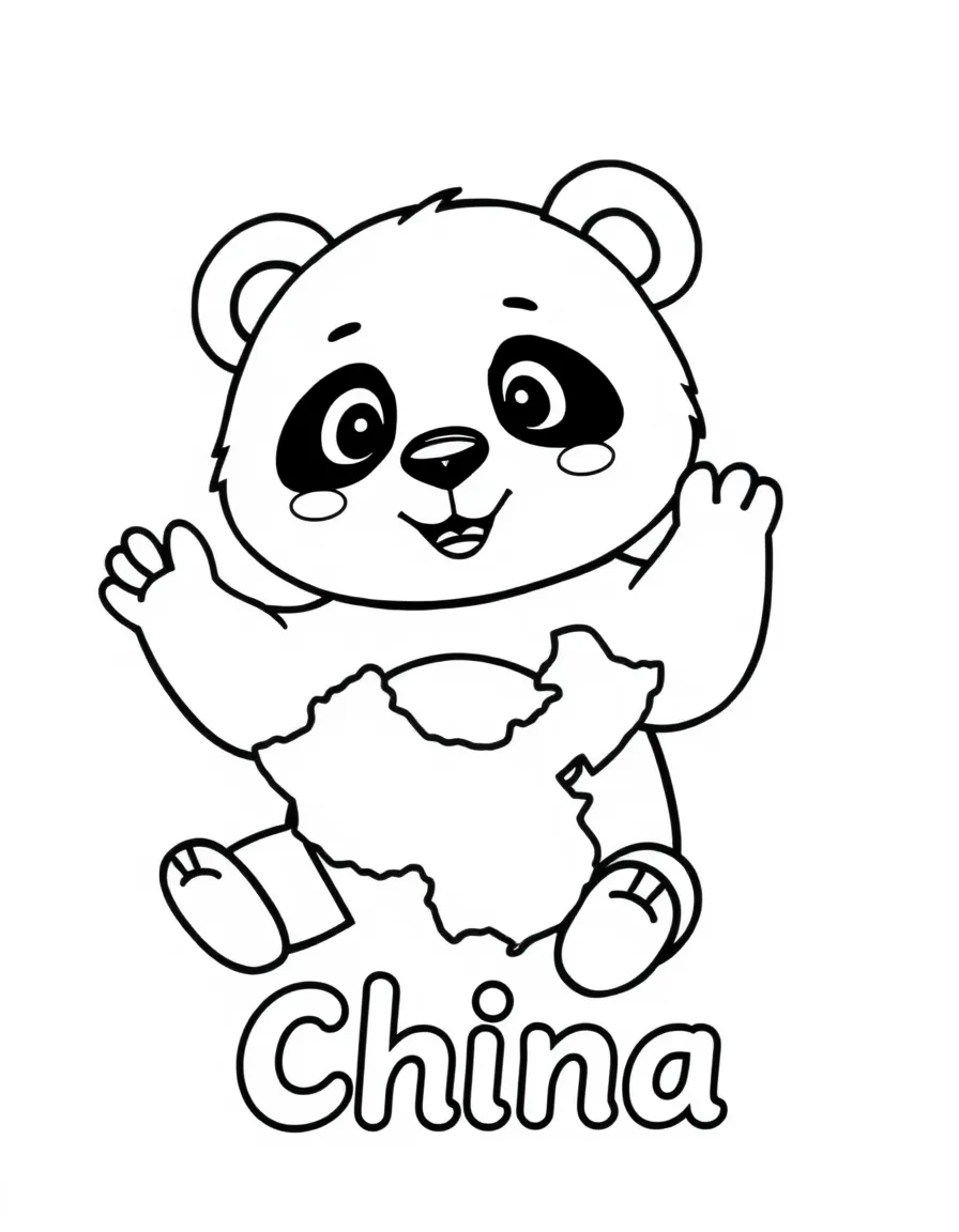 A friendly panda, a simple outline map of China, and the word "China"