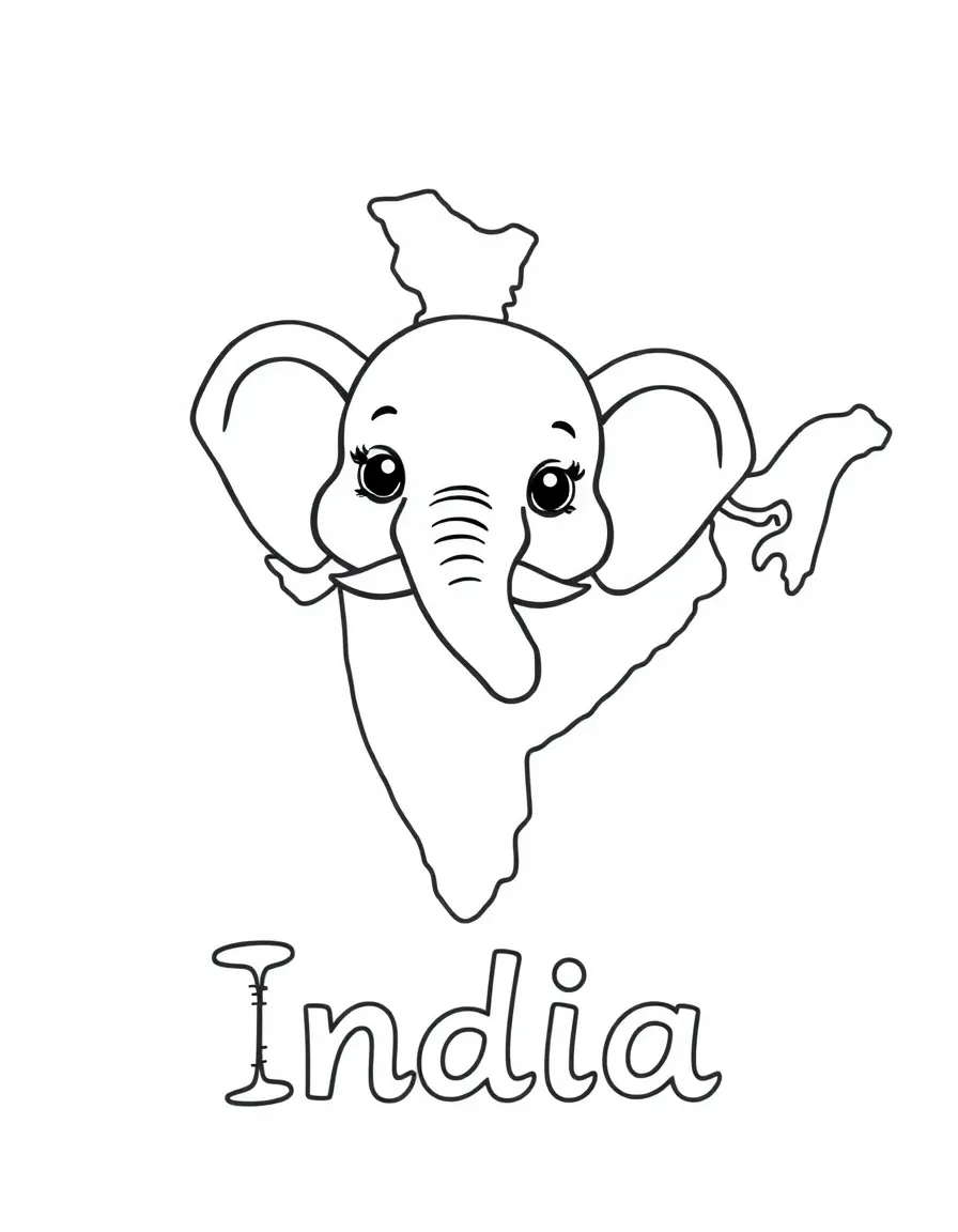 A cute elephant, a simple outline map of India, and the word "India"