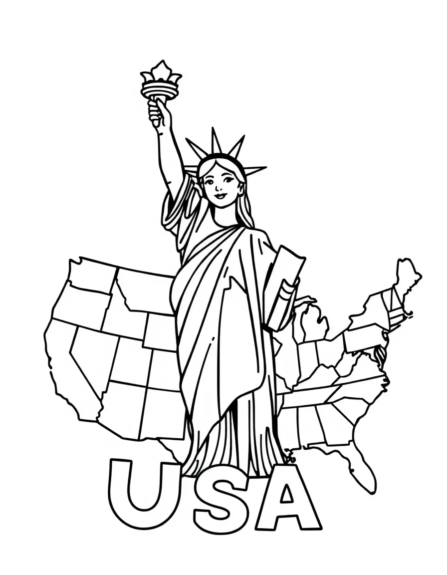A happy Statue of Liberty, a simple outline map of USA, and the word "USA"