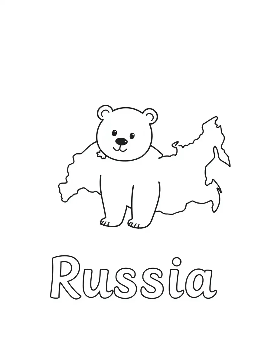 A small bear, a simple outline map of Russia, and the word "Russia"