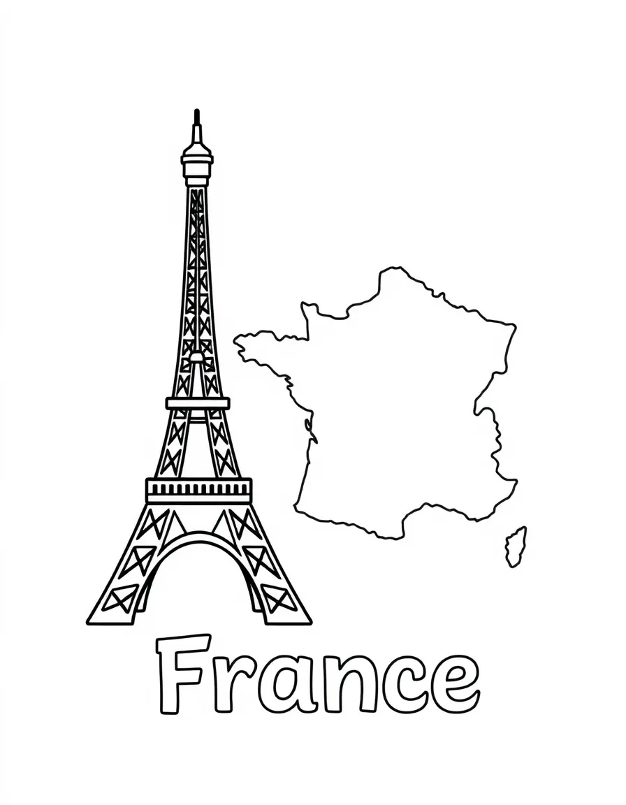 A friendly Eiffel Tower, a simple outline map of France, and the word "France"