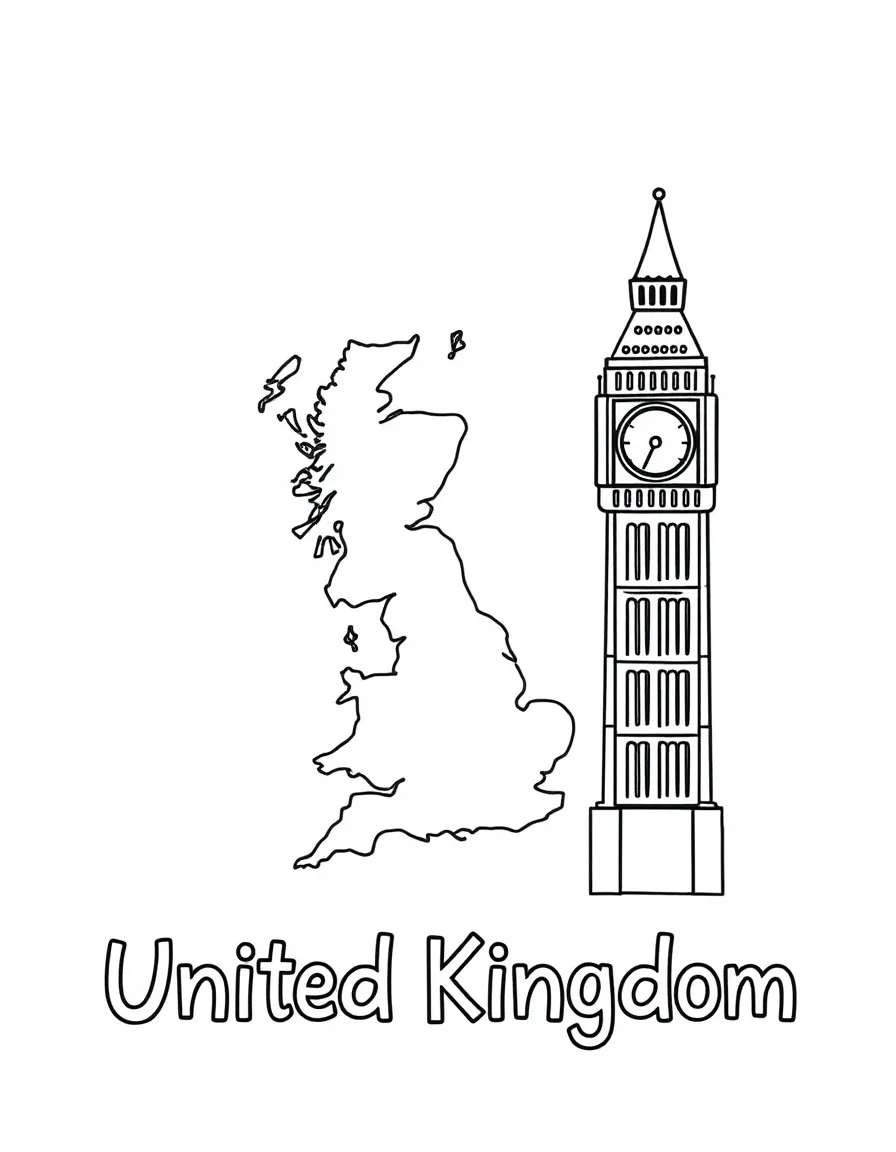A cute Big Ben, a simple outline map of United Kingdom, and the word "United Kingdom"