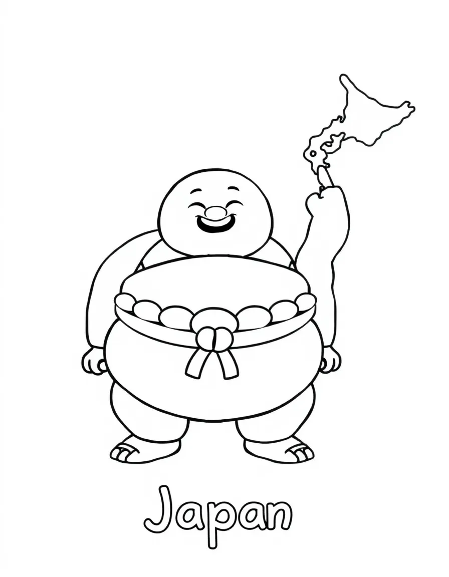 A happy sumo wrestler, a simple outline map of Japan, and the word "Japan"