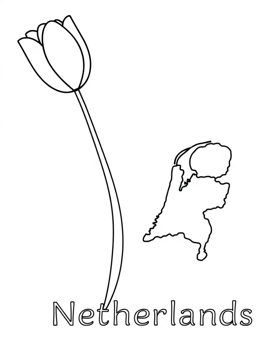 A cute tulip, a simple outline map of Netherlands, and the word "Netherlands"