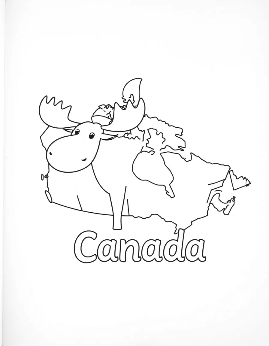 A happy moose, a simple outline map of Canada, and the word "Canada"