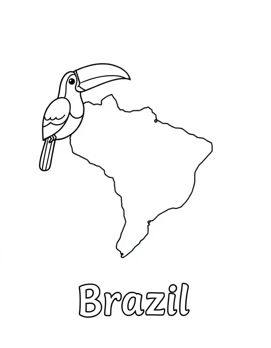 A small toucan, a simple outline map of Brazil, and the word "Brazil"