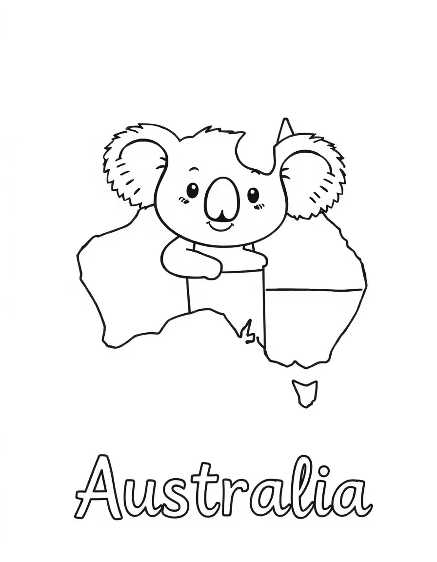 A friendly koala, a simple outline map of Australia, and the word "Australia"