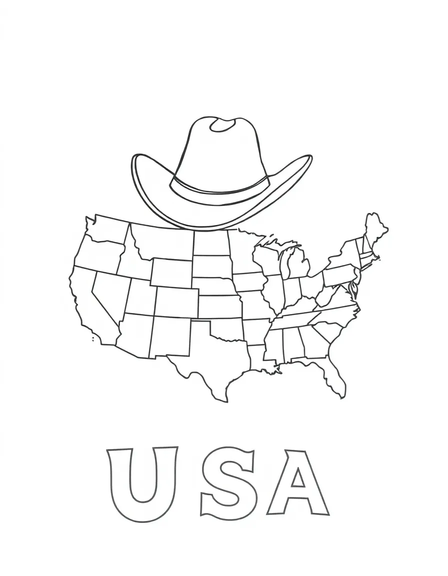 A small cowboy hat, a simple outline map of USA, and the word "USA"