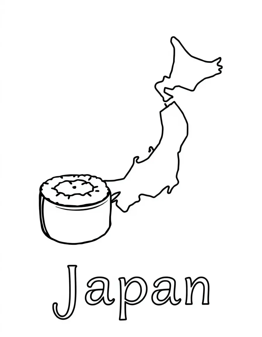 A small sushi roll, a simple outline map of Japan, and the word "Japan"