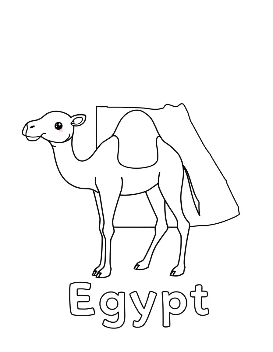 A cute camel, a simple outline map of Egypt, and the word "Egypt"