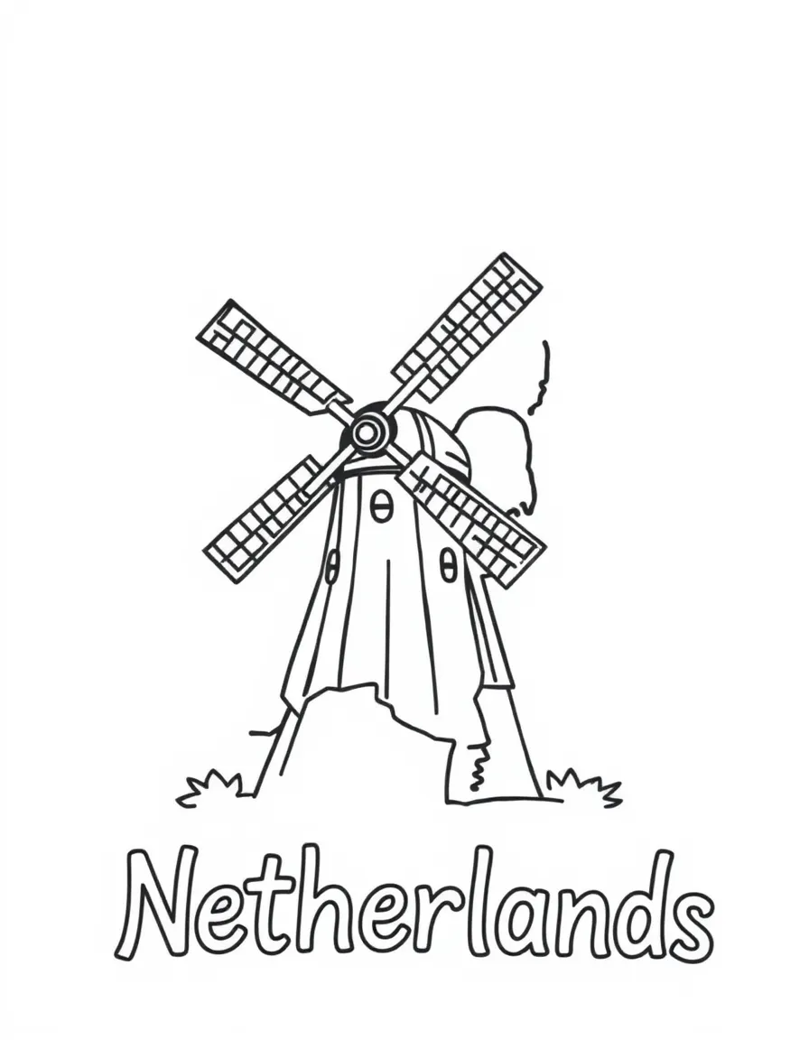 A happy windmill, a simple outline map of Netherlands, and the word "Netherlands"