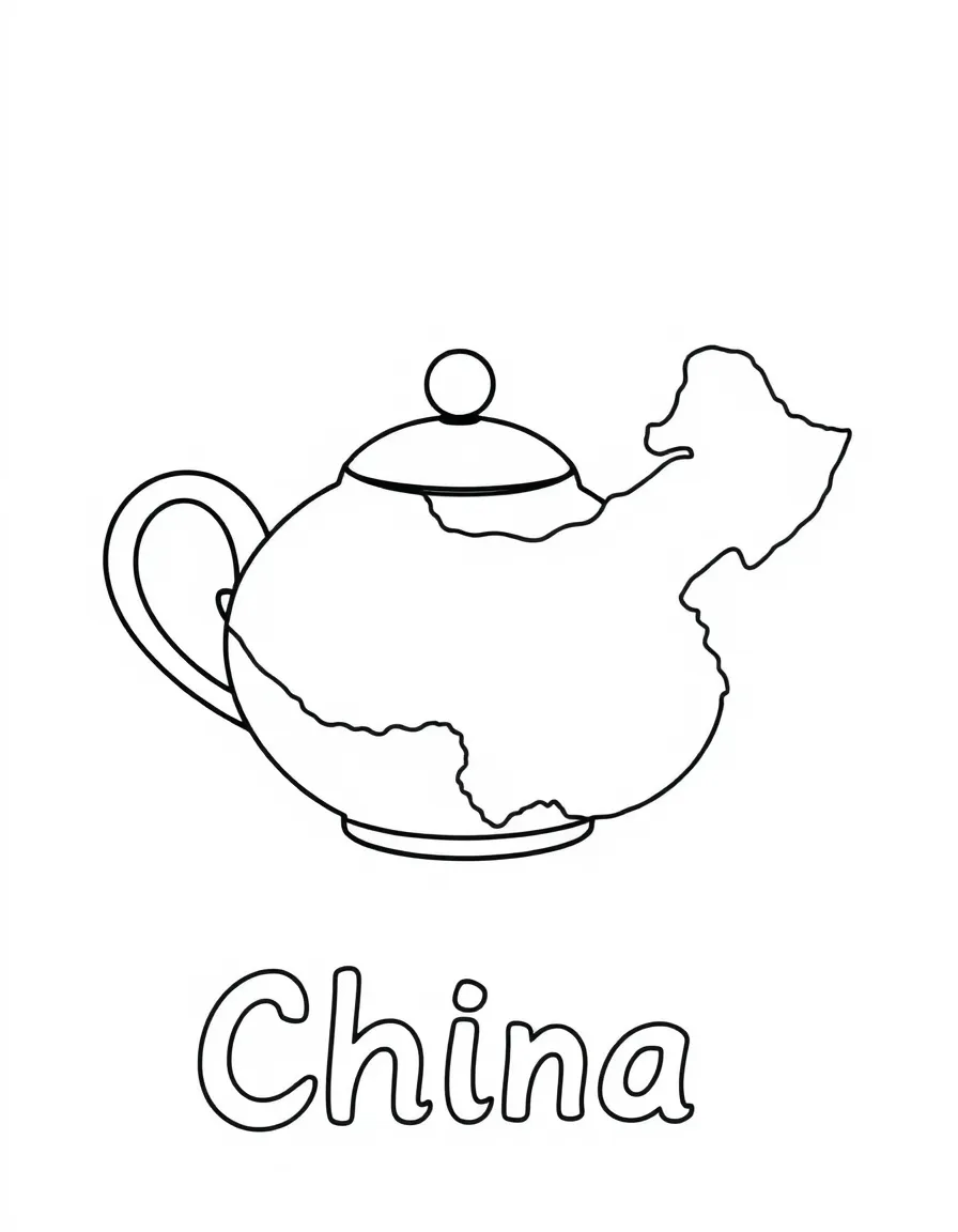 A happy teapot, a simple outline map of China, and the word "China"