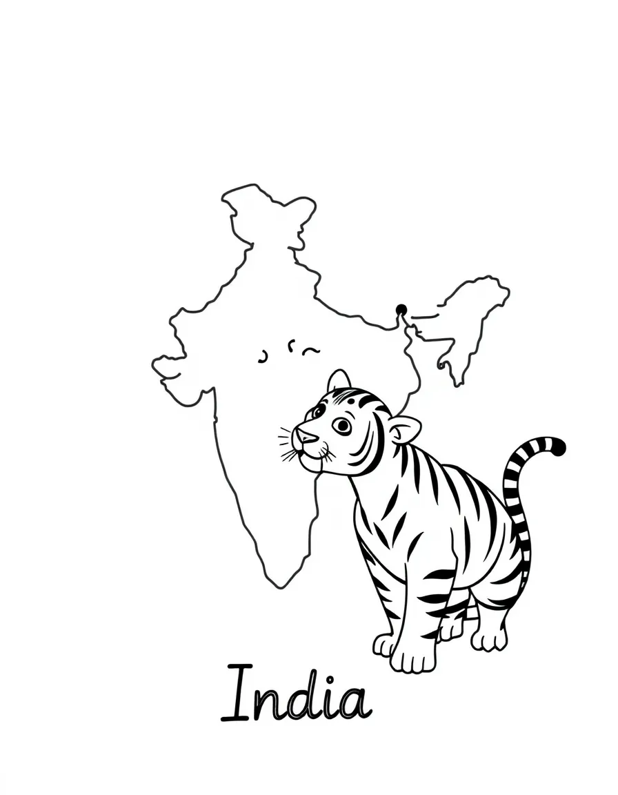 A small tiger, a simple outline map of India, and the word "India"
