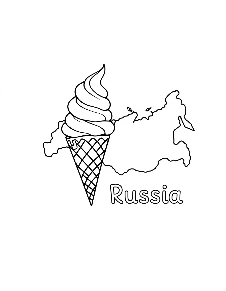 A cute ice cream cone, a simple outline map of Russia, and the word "Russia"